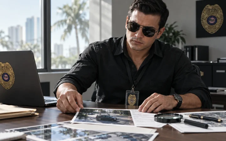Investigation report and exhibits on an investigator's desk