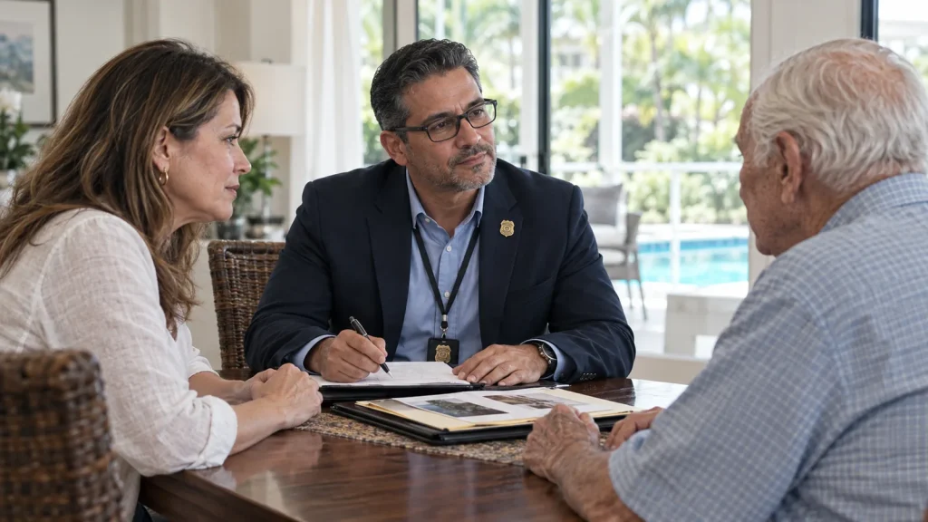 Private investigator consulting with a family about an elder exploitation concern in Sarasota