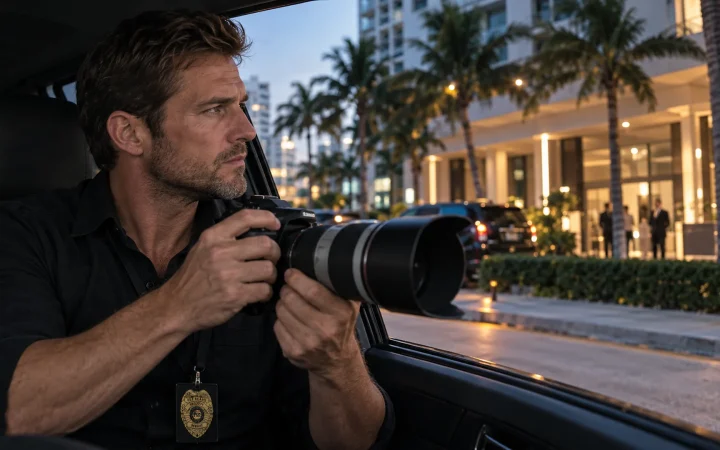 Private investigator conducting surveillance from a vehicle in Coral Gables