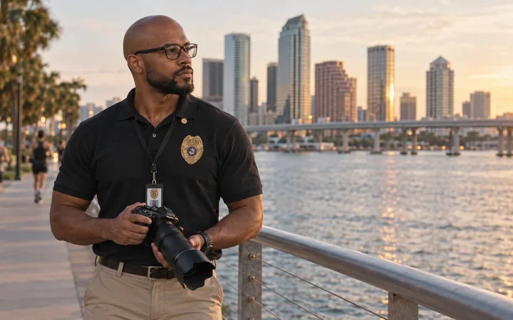 Private investigator with a telephoto camera on the Tampa bayfront at golden hour