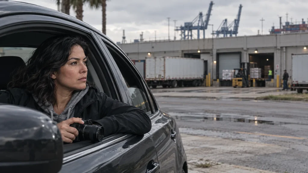 Investigadora privada vigilando un muelle de carga desde un auto sin distintivos en el distrito de almacenes de Tampa