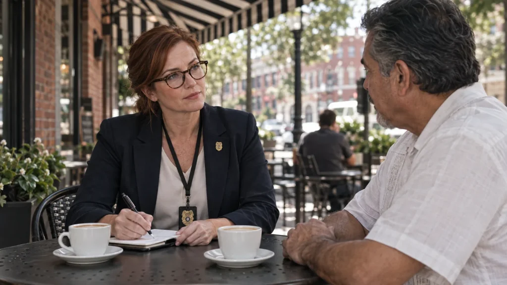 Investigadora privada entrevistando a un testigo en un café al aire libre en Ybor City, Tampa