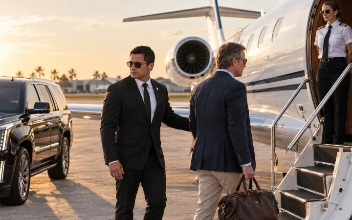 FSO Guard executive protection agent escorting a client to a private jet on the FBO ramp at Opa-locka, Miami