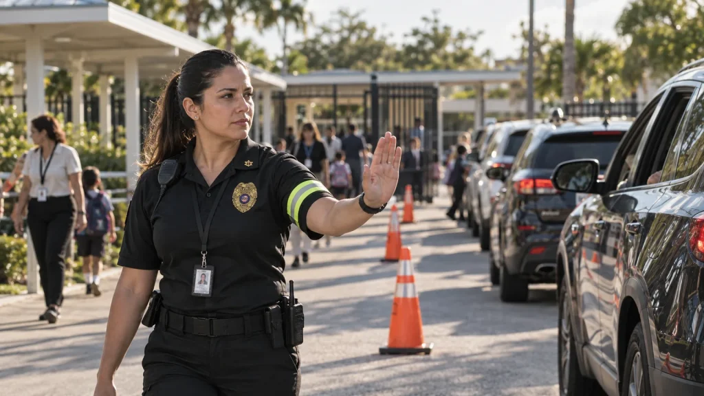 FSO Guard officer directing a single-file dismissal lane marked with cones at a private school in Broward County