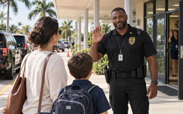 Uniformed armed FSO Guard officer greeting a parent and child at the single entrance of a private school in Broward County during morning drop-off