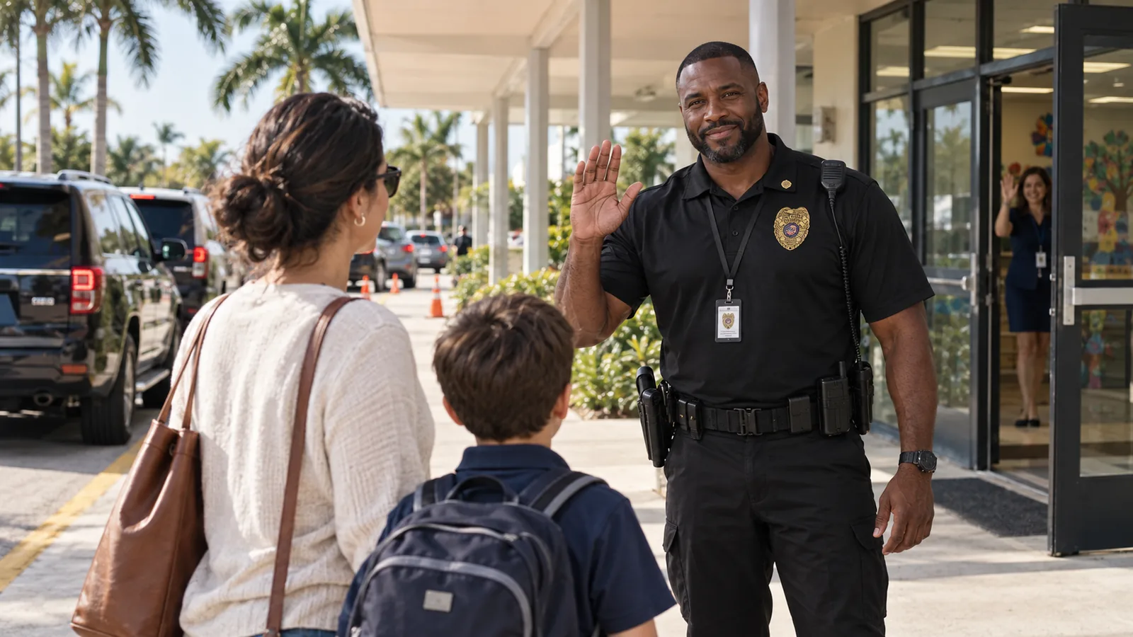 Uniformed armed FSO Guard officer greeting a parent and child at the single entrance of a private school in Broward County during morning drop-off