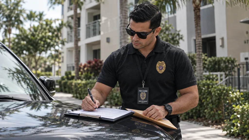 Process server completing an affidavit of service in Miami