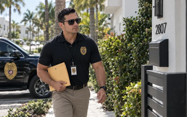 Process server delivering legal documents at a Miami residence