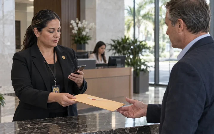 Process server delivering legal documents at an office reception desk in Miami-Dade