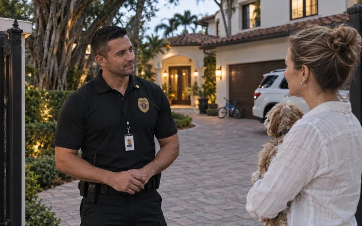 FSO Guard residential security officer at the front gate of a Coral Gables family home in the evening