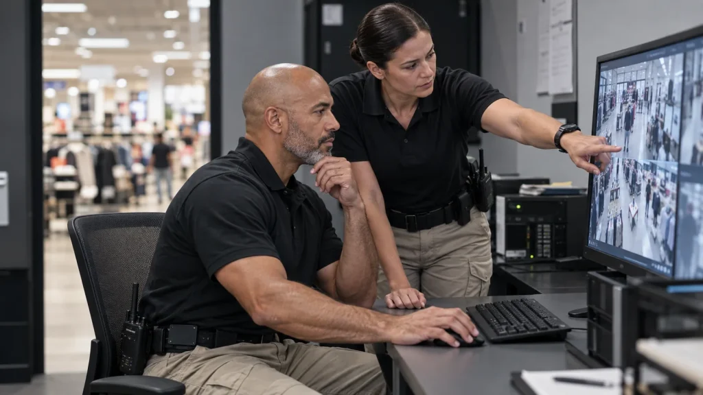 Retail loss prevention officer reviewing camera footage with a store manager in Miami