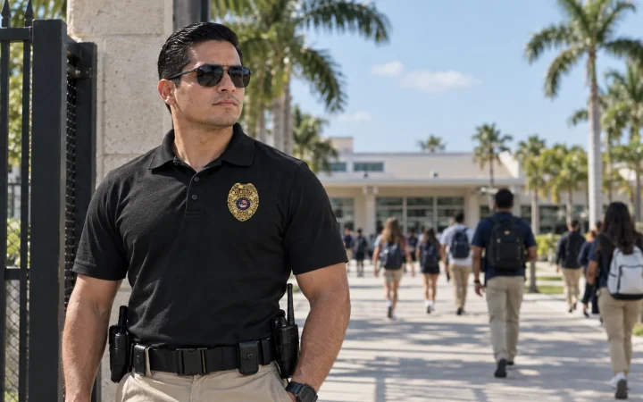 School security officer at a campus gate in Miami