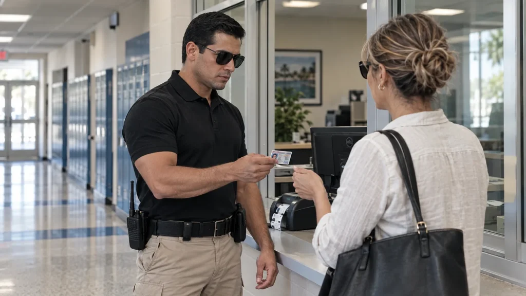 School security officer checking a visitor's ID at a Miami campus front office