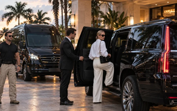 Secure chauffeured transportation in Miami: black Escalade and Sprinter with chauffeur at a hotel entrance