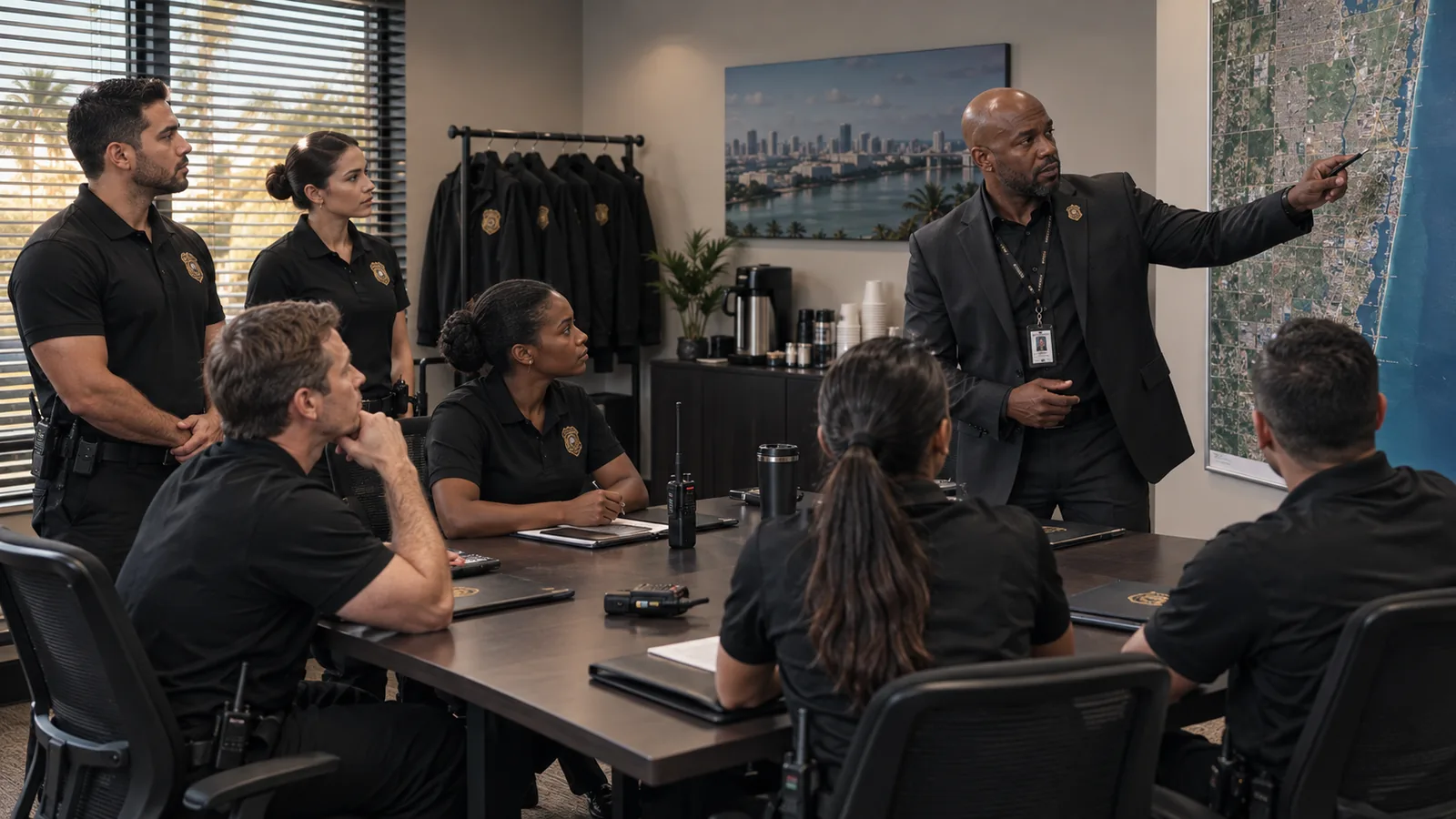 FSO Guard supervisor briefing a team of security officers before a shift at the Hollywood, FL operations room