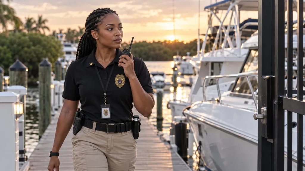 Security officer patrolling a marina dock with moored yachts in Southwest Florida Security officer patrolling a marina dock with moored yachts in Southwest Florida