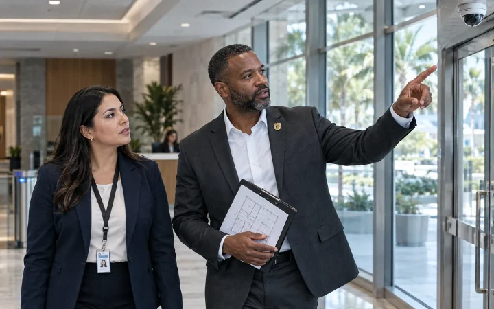 Security consultant walking through a Miami office lobby with a property manager during a physical security risk assessment
