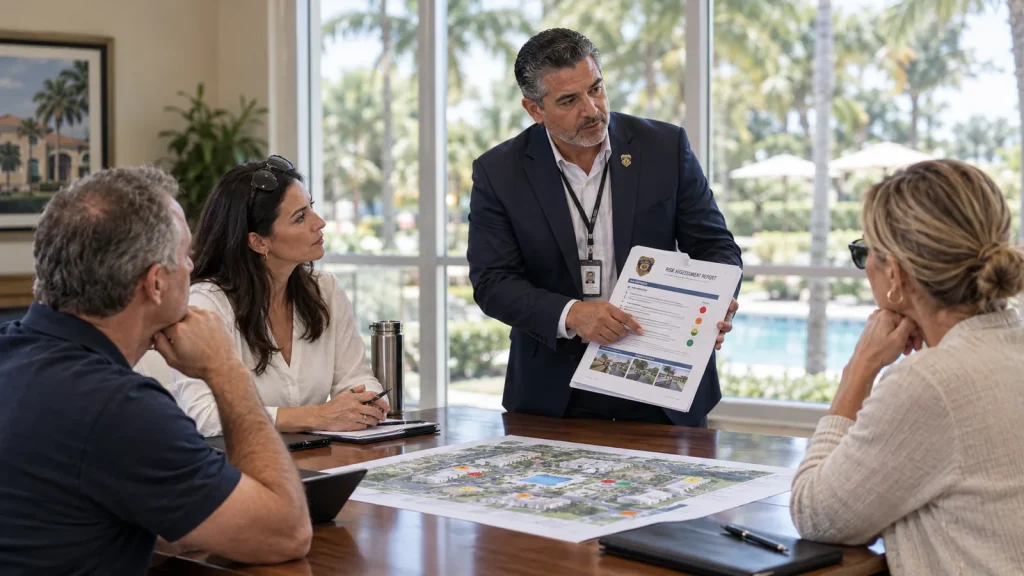 Security consultant presenting a written risk assessment report to an HOA board in Coral Gables Security consultant presenting a written risk assessment report to an HOA board in Coral Gables