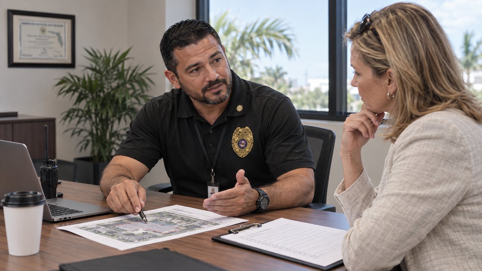 FSO Guard field supervisor explaining a site security plan and checklist to a client in Hollywood, Florida