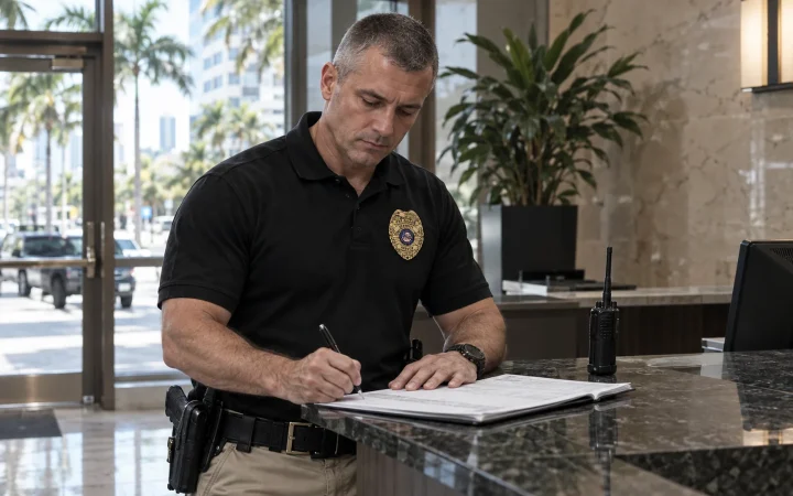 Security officer completing a daily activity report