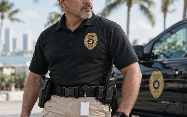 Security officer duty belt with radio and license card