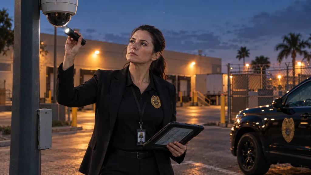 Security consultant reviewing camera coverage and lighting at the rear perimeter of a Miami retail plaza at dusk Security consultant reviewing camera coverage and lighting at the rear perimeter of a Miami retail plaza at dusk