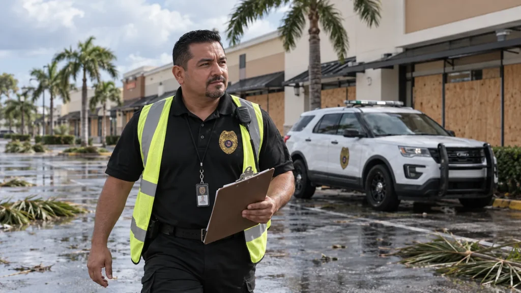 FSO Guard officer patrolling a South Florida shopping plaza after a storm with a marked patrol vehicle