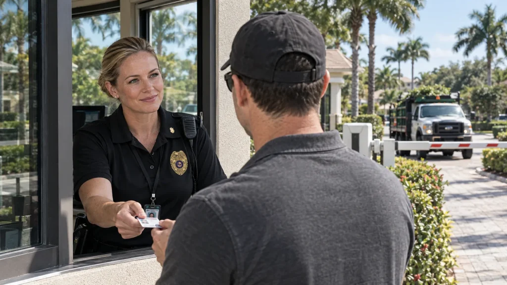 FSO Guard officer checking visitor ID at a gated community gatehouse in Broward County