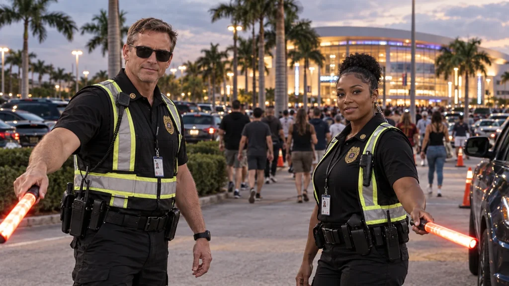 FSO Guard officers managing parking and crowd flow outside a hotel plaza on an arena event night in Sunrise, FL