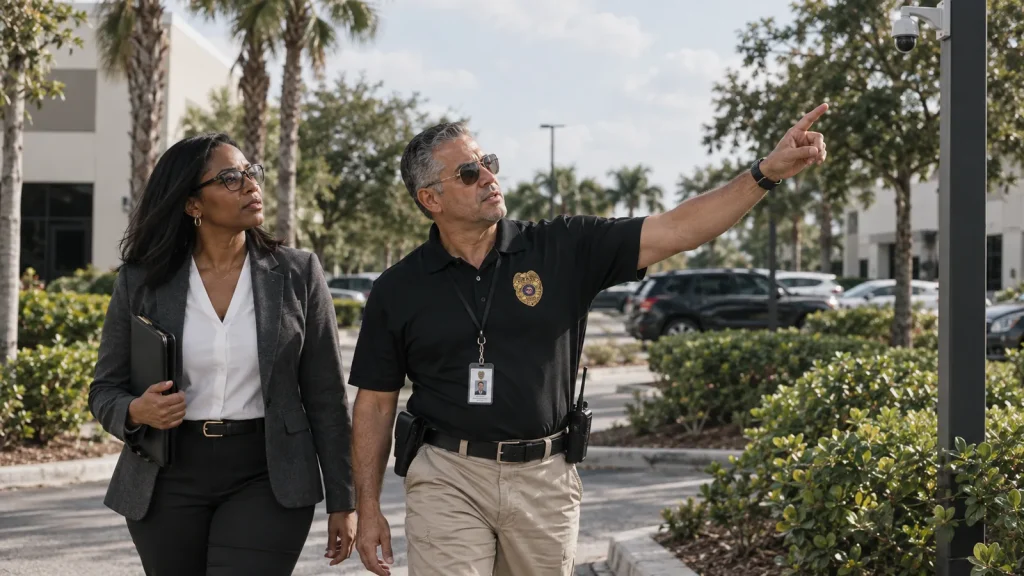Security supervisor walking a business park site with a property manager in Tampa Security supervisor walking a business park site with a property manager in Tampa