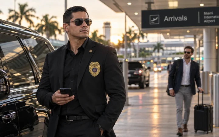 Travel security agent meeting a client at Miami International Airport