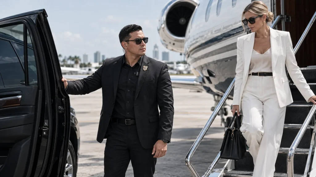Travel security agent meeting a client at a private jet in South Florida