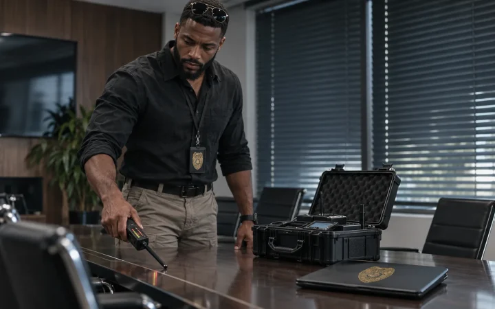 TSCM specialist sweeping a Miami conference room for hidden devices