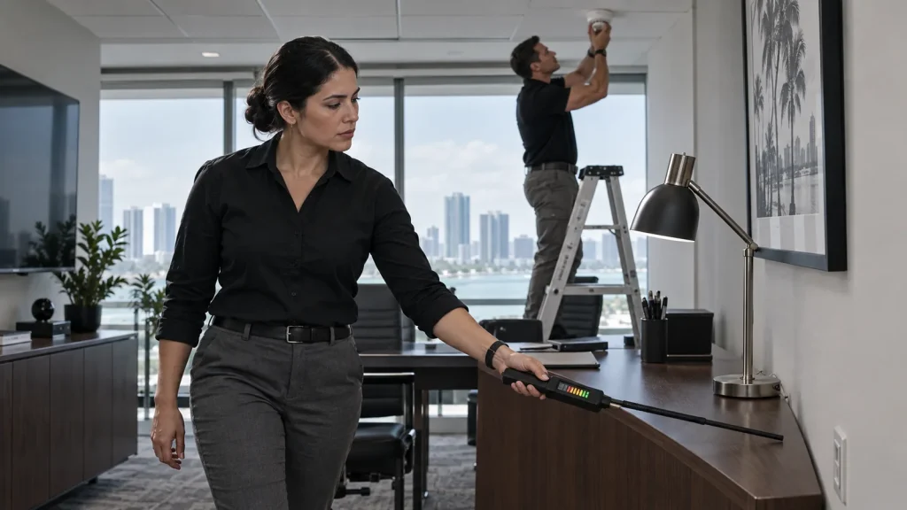 TSCM technicians sweeping a Miami office for hidden devices