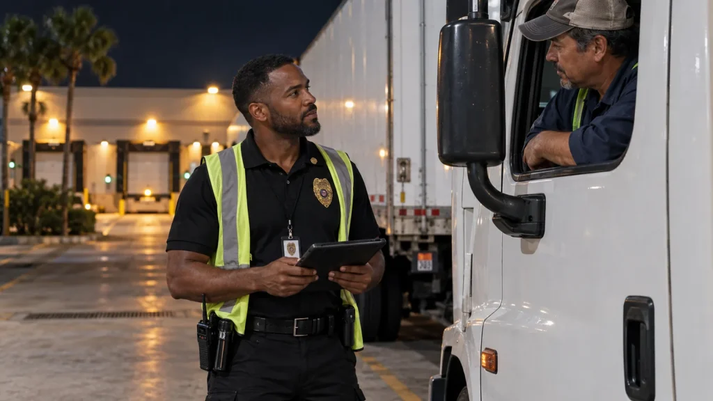 Security officer checking a truck driver's paperwork at a warehouse dock gate in Doral