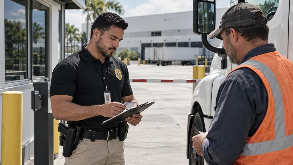 Warehouse security officer verifying a truck driver at a Doral logistics gate