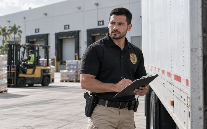 Security officer checking a trailer at a warehouse loading dock in Doral