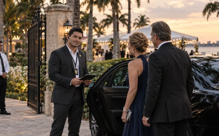 Plainclothes FSO Guard officer with a guest list tablet greeting arriving wedding guests at the gate of a Coral Gables estate