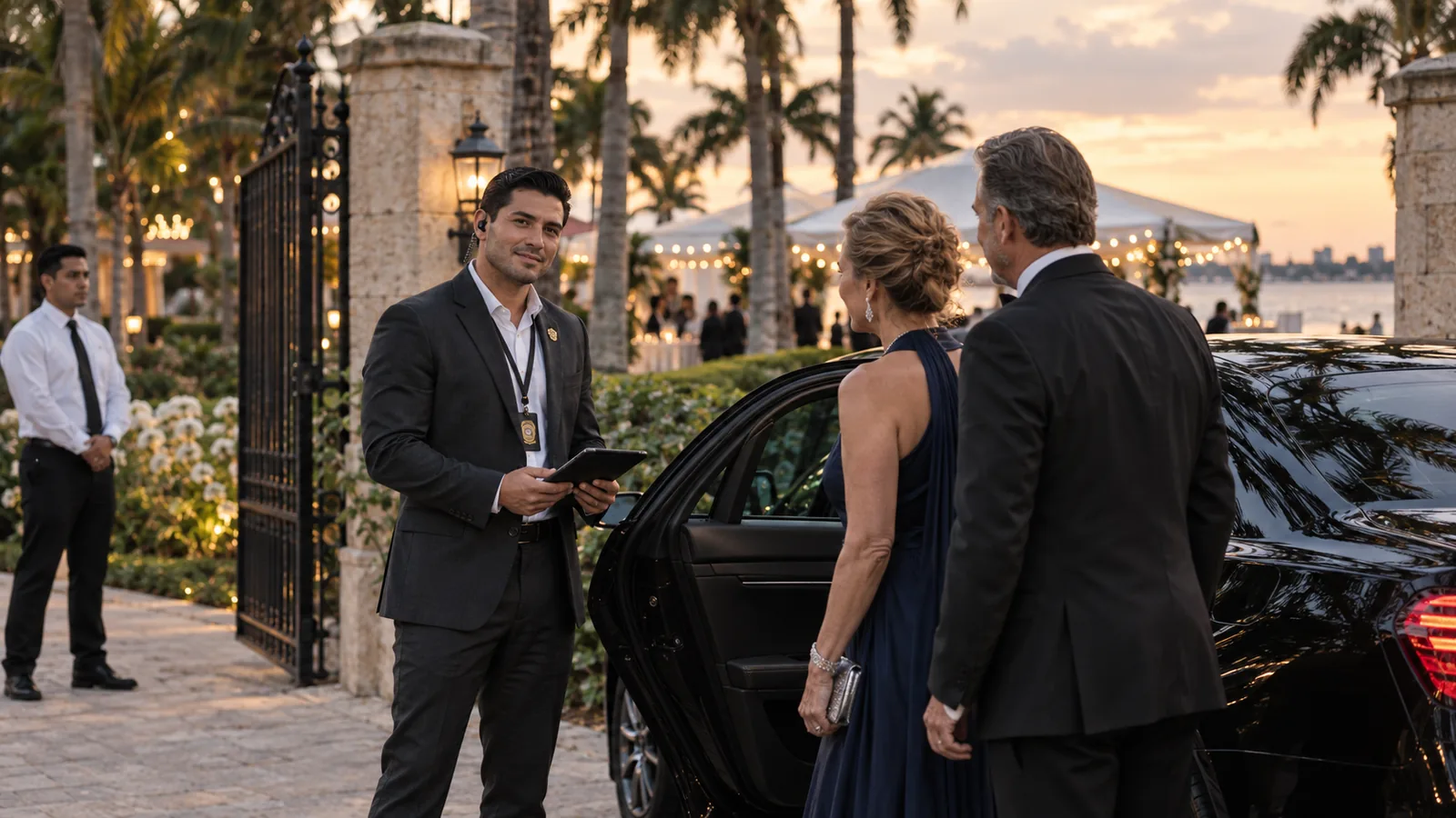Plainclothes FSO Guard officer with a guest list tablet greeting arriving wedding guests at the gate of a Coral Gables estate
