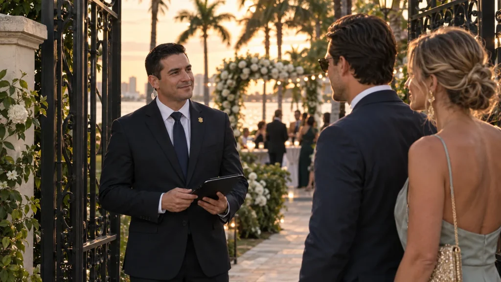 Suited wedding security officer checking the guest list at the gate of a Coral Gables estate wedding