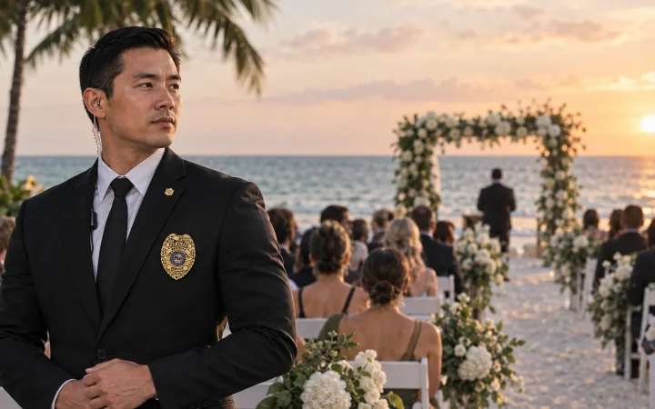 Discreet security officer at a beachfront wedding in Miami