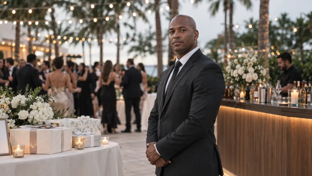Discreet security officer near the gift table at a Miami wedding reception