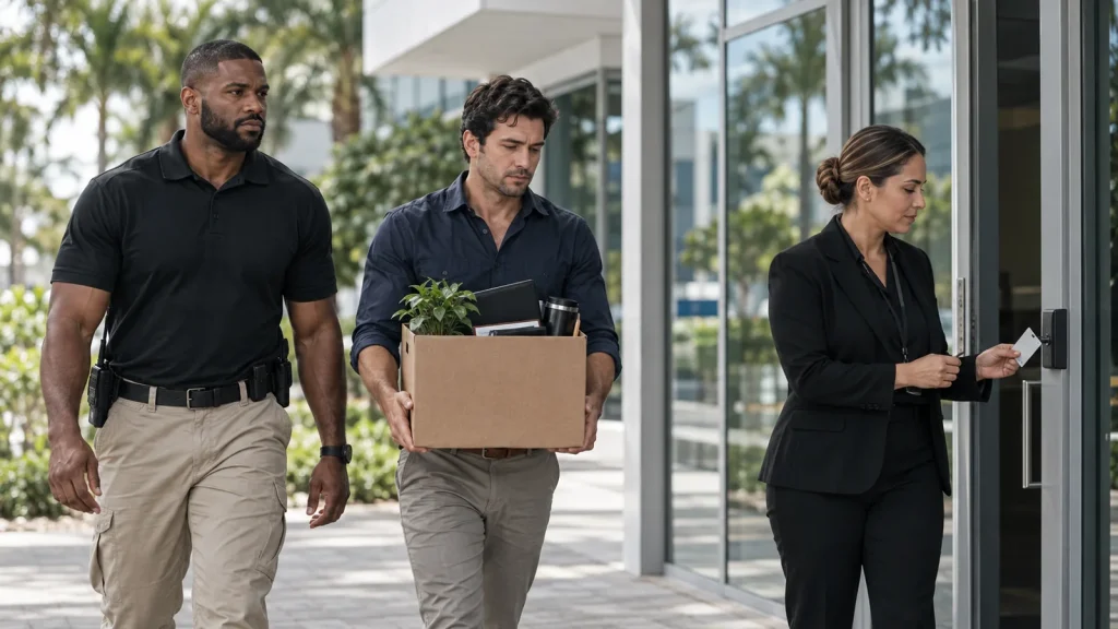Security officer providing a calm escort during an employee termination in Miami