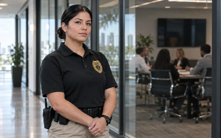 Security officer standing by during a workplace meeting in Miami