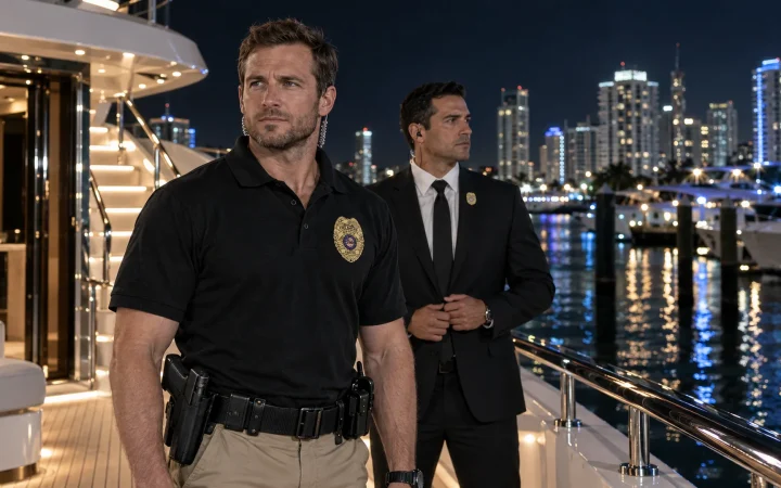 Security officer on the deck of a yacht at night in Miami