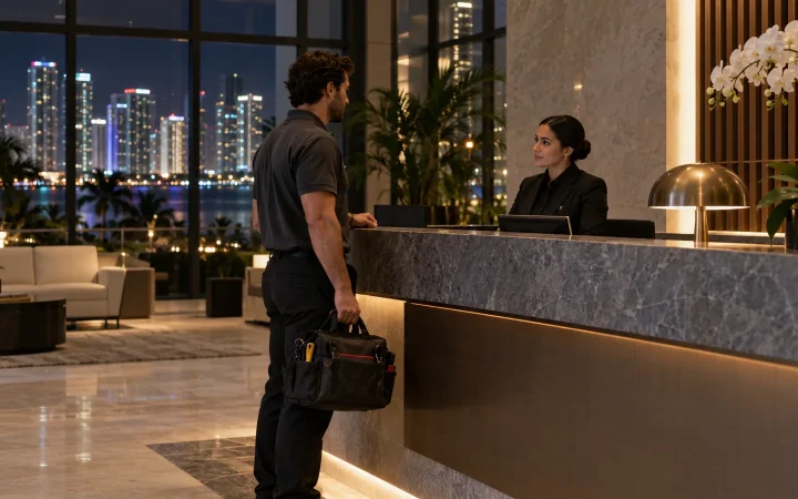 Contractor checking in at an office reception after dark