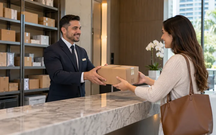 Concierge handing a stored parcel to a condominium resident