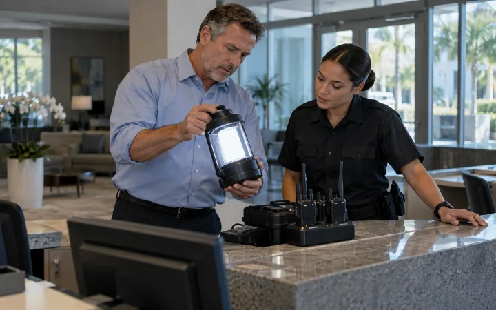 Facilities staff checking a lantern and radios at a reception desk