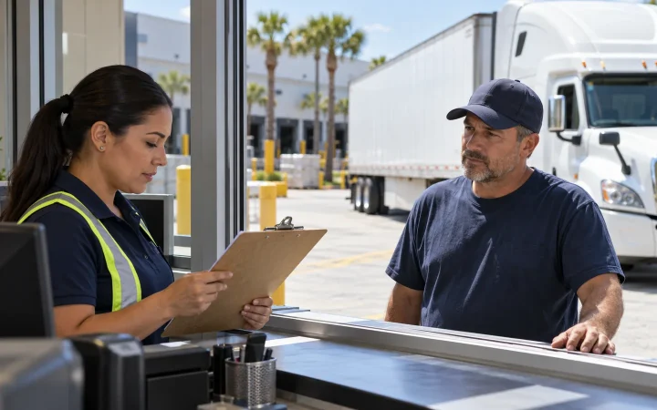 Shipping coordinator checking a pickup record while a truck driver waits at a warehouse gate