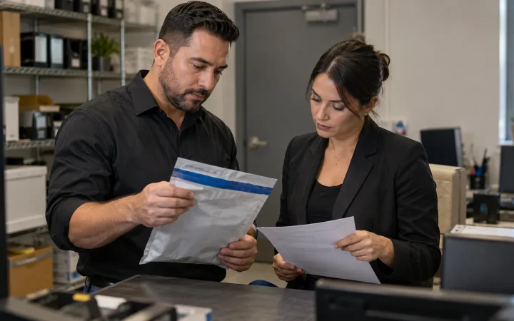 Managers reviewing a deposit pouch and cash handling records